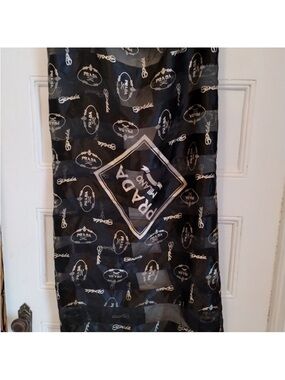 Prada Black and White Logo Silk Scarf